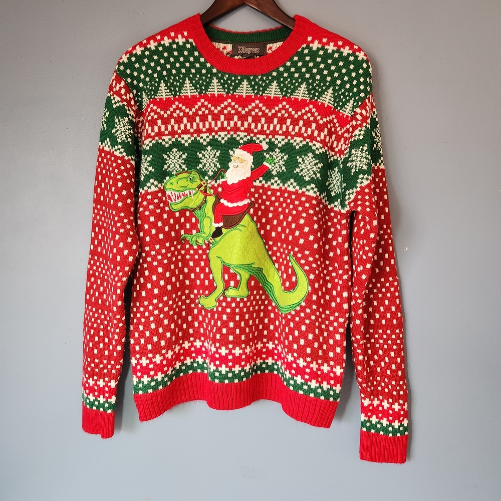Festive‎ Red and Green Dinosaur Ugly Tacky Funny Sweater Dirty Santa